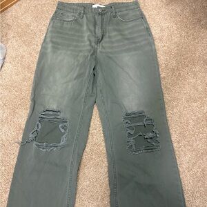 Women's Distressed Straight Leg Jeans in Green Bohme